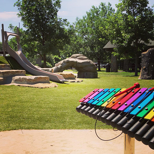 Close up photo of the rainbow cavatina outdoor xylophone in the music park at Frisco Lake Park