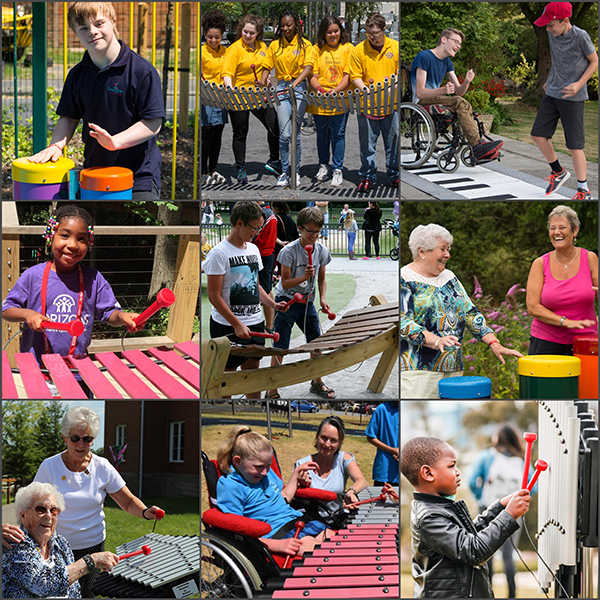 Collage of nine people playing outdoor musical instruments from including elderly, wheelchair users, school children 