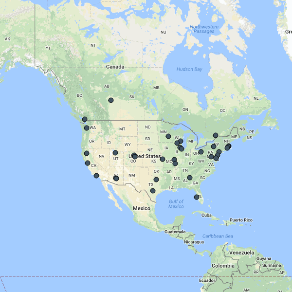 Pin Map of the USA showing Percussion play resellers