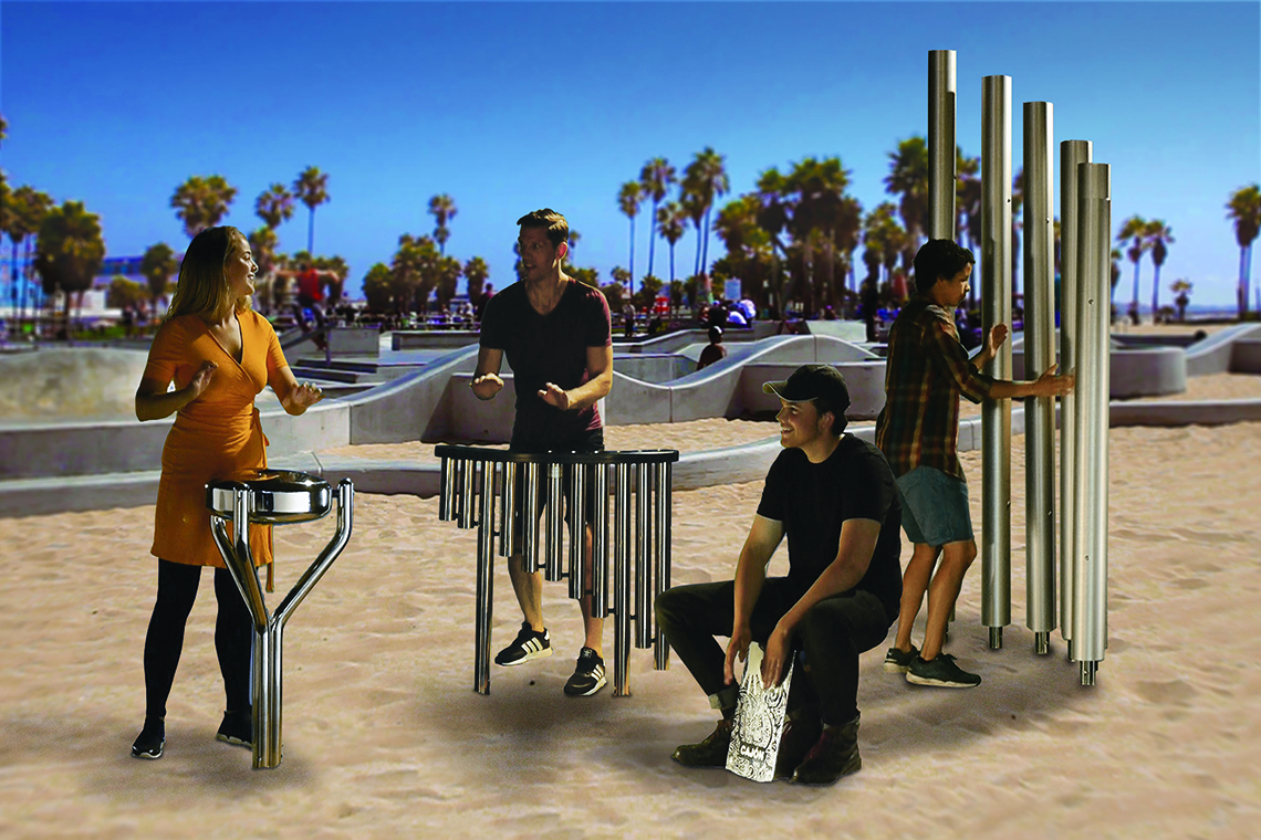 group of adults playing metal outdoor musical instruments